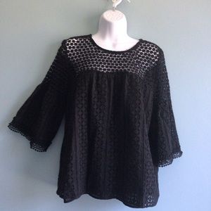 Anthropologie W5 Black 3/4 Length Bell Sleeve 100% Cotton Lace Top S